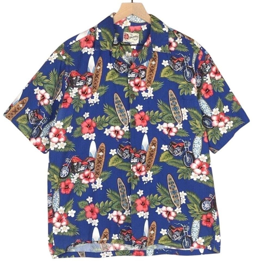 HILO HATTIE Hawaiian Aloha Shirt Men's L Blue Rayon Hibuscus Motorcycles Surf